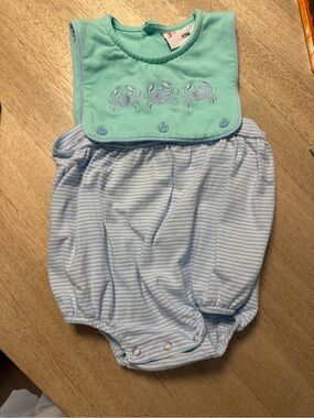 Striped Blue Bubble Romper with Mint Crab Bib Jellybean 12 Month
